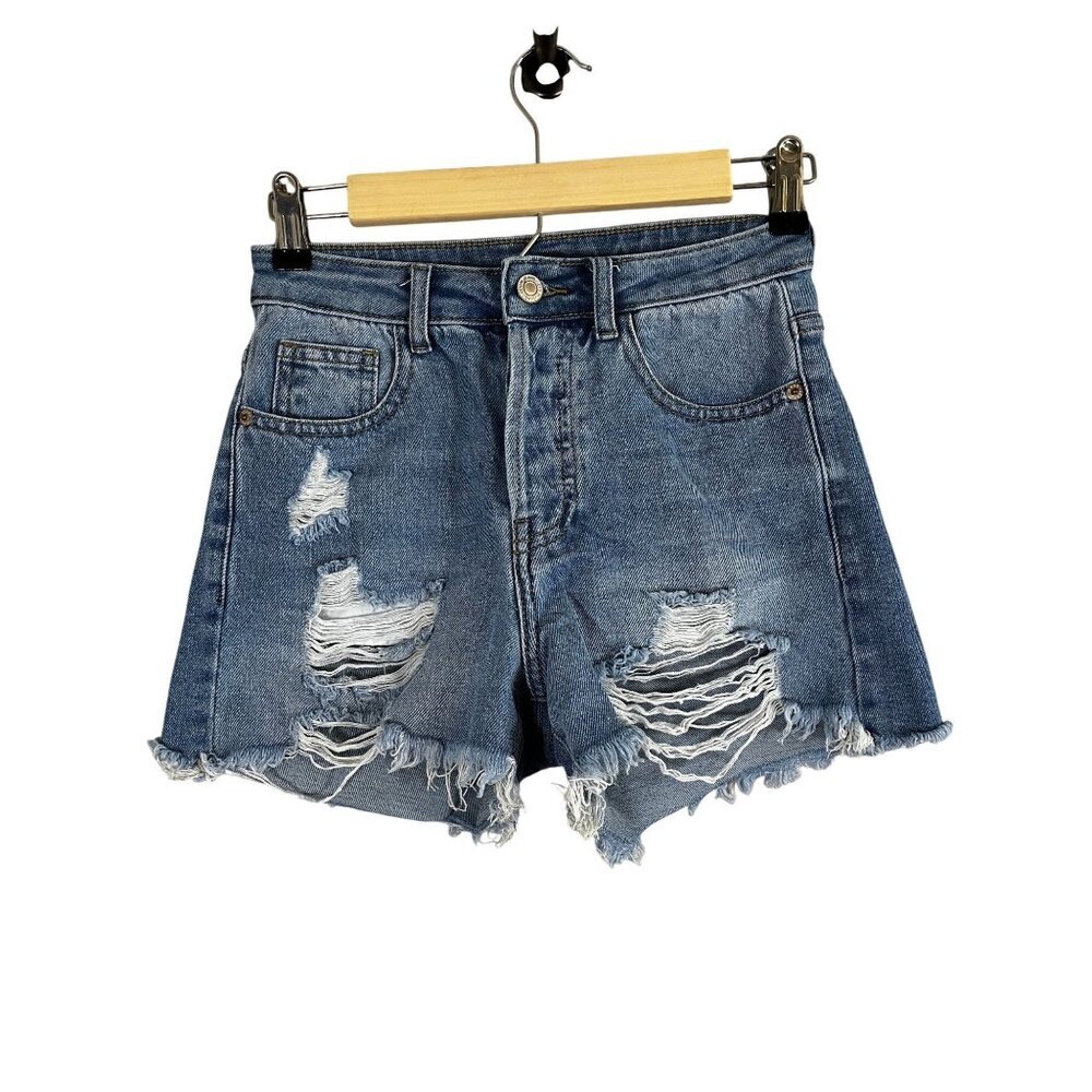 Distressed Denim Jean Shorts Blue 26" Western Summer Casual Ripped Concert Chic